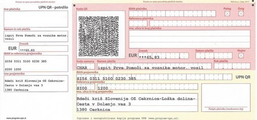 Nalog za plačilo IZPITA Prve pomoči za voznike