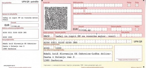 Nalog za plačilo TEČAJA in IZPITA Prve pomoči